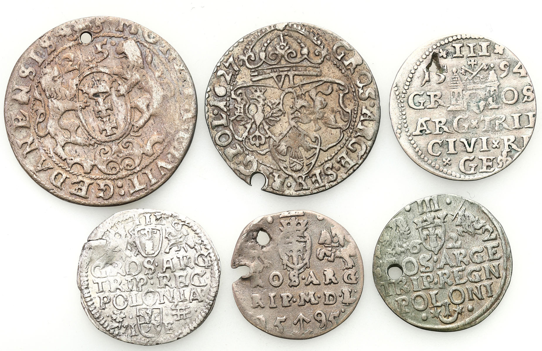 Zygmunt III Waza. Ort 1625 Gdańsk, szóstak 1627, trojak 1622 Kraków, Trojak 1595 Wilno, Trojak 1595 Wschowa, Trojak 1594 Ryga